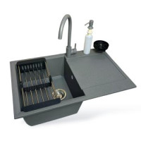Adamant Набор кухонный Horizon, искуственный камень, прямоуг., с крылом, 780х495х230мм, чаша - 1, врезная, серый + смеситель и дозатор