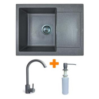 Adamant Набор кухонный Minimal, искуственный камень, прямоуг., с крылом, 615х495х200мм, чаша - 1, врезная, серый + смеситель и дозатор