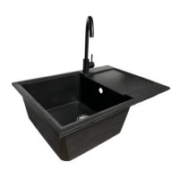 Adamant Набор кухонный Horizon Medium, искуственный камень, прямоуг., с крылом, 700х500х230мм, чаша - 1, врезная, черный + смеситель