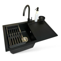 Adamant Набор кухонный Horizon, искуственный камень, прямоуг., с крылом, 780х495х230мм, чаша - 1, врезная, антрацит + смеситель + дозатор + ополаскиватель стаканов + коландер