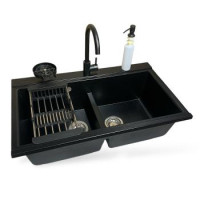 Adamant Набор кухонный Similar, искуственный камень, прямоуг., без крыла, 885x505x230мм, чаша - 2, врезная, черный + смеситель + дозатор + ополаскиватель стаканов + коландер