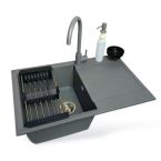 Adamant Набор кухонный Horizon, искуственный камень, прямоуг., с крылом, 780х495х230мм, чаша - 1, врезная, серый + смеситель и дозатор
