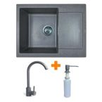 Adamant Набор кухонный Minimal, искуственный камень, прямоуг., с крылом, 615х495х200мм, чаша - 1, врезная, серый + смеситель и дозатор