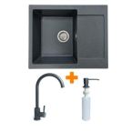 Adamant Набор кухонный Minimal, искуственный камень, прямоуг., с крылом, 615х495х200мм, чаша - 1, врезная, графит + смеситель и дозатор