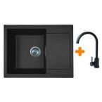 Adamant Набор кухонный Minimal, искуственный камень, прямоуг., с крылом, 615х495х200мм, чаша - 1, врезная, черный + смеситель