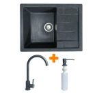 Adamant Набор кухонный Anila, искуственный камень, прямоуг., с крылом, 645х495х200мм, чаша - 1, врезная, графит + смеситель и дозатор
