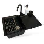 Adamant Набор кухонный Horizon, искуственный камень, прямоуг., с крылом, 780х495х230мм, чаша - 1, врезная, черный + смеситель + дозатор + ополаскиватель стаканов + коландер