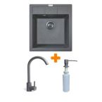 Adamant Набор кухонная Brick, искуственный камень, квадрат, без крыла, 460x515x200мм, чаша - 1, врезная, серый + смеситтель и дозатор