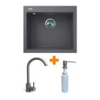 Adamant Набор кухонный Univer, искуственный камень, квадрат, без крыла, 560х500х200мм, чаша - 1, врезная, серый + смеситель и дозатор