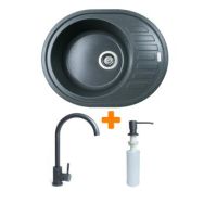 Adamant Набор кухонный Ovum, искуственный камень, овальная, с крылом, 615х495х200мм, чаша - 1, врезная, графит + смеситель и дозатор