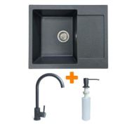 Adamant Набор кухонный Minimal, искуственный камень, прямоуг., с крылом, 615х495х200мм, чаша - 1, врезная, графит + смеситель и дозатор