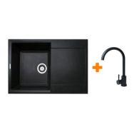 Adamant Набор кухонный Horizon, искуственный камень, прямоуг., с крылом, 780х495х230мм, чаша - 1, врезная, черный + смеситель