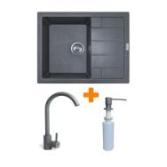 Adamant Набор кухонный Anila, искуственный камень, прямоуг., с крылом, 645х495х200мм, чаша - 1, врезная, серый + смеситель и дозатор