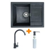 Adamant Набор кухонный Anila, искуственный камень, прямоуг., с крылом, 645х495х200мм, чаша - 1, врезная, графит + смеситель и дозатор