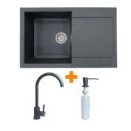 Adamant Набор кухонный Horizon, искуственный камень, прямоуг., с крылом, 780х495х230мм, чаша - 1, врезная, графит + смеситель и дозатор