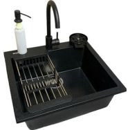Adamant Набор кухонный Univer, искуственный камень, квадрат, без крыла, 560х500х200мм, чаша - 1, врезная, черный + смеситель + дозатор + ополаскиватель стаканов + коландер