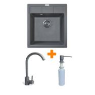 Adamant Набор кухонная Brick, искуственный камень, квадрат, без крыла, 460x515x200мм, чаша - 1, врезная, серый + смеситтель и дозатор