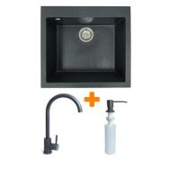 Adamant Набор кухонный Univer, искуственный камень, квадрат, без крыла, 560х500х200мм, чаша - 1, врезная, графит + смеситель и дозатор