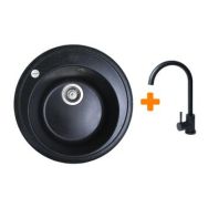 Adamant Набор кухонная Sun, искуственный камень, круглая, без крыла, 510x200мм, чаша - 1, врезная, черный + смеситель