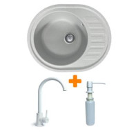 Adamant Набор кухонный Ovum, искуственный камень, овальная, с крылом, 615х495х200мм, чаша - 1, врезная, Old stone + смеситель и дозатор