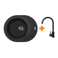 Adamant Мойка кухонная Ovum, искуственный камень, овальная, с крылом, 615х495х200мм, чаша - 1, врезная, черный + смеситель