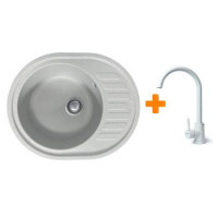 Adamant Мойка кухонная Ovum, искуственный камень, овальная, с крылом, 615х495х200мм, чаша - 1, врезная, Old stone + смеситель