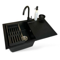 Adamant Набор кухонный Horizon, искуственный камень, прямоуг., с крылом, 780х495х230мм, чаша - 1, врезная, черный + смеситель + дозатор + ополаскиватель стаканов + коландер