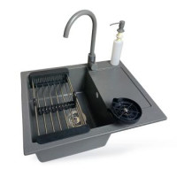 Adamant Набор кухонный Minimal, искуственный камень, прямоуг., с крылом, 615х495х200мм, чаша - 1, врезная, серый + смеситель + дозатор + ополаскиватель стаканов + коландер