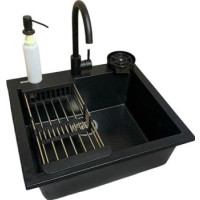 Adamant Набор кухонный Univer, искуственный камень, квадрат, без крыла, 560х500х200мм, чаша - 1, врезная, черный + смеситель + дозатор + ополаскиватель стаканов + коландер