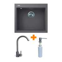 Adamant Набор кухонный Univer, искуственный камень, квадрат, без крыла, 560х500х200мм, чаша - 1, врезная, серый + смеситель и дозатор