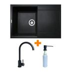 Adamant Набор кухонный Horizon, искуственный камень, прямоуг., с крылом, 780х495х230мм, чаша - 1, врезная, черный + смеситель и дозатор