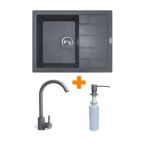 Adamant Набор кухонный Anila, искуственный камень, прямоуг., с крылом, 645х495х200мм, чаша - 1, врезная, серый + смеситель и дозатор