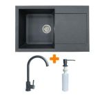 Adamant Набор кухонный Horizon, искуственный камень, прямоуг., с крылом, 780х495х230мм, чаша - 1, врезная, графит + смеситель и дозатор
