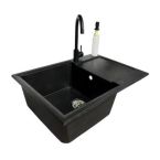 Adamant Набор кухонный Horizon Medium, искуственный камень, прямоуг., с крылом, 700х500х230мм, чаша - 1, врезная, черный + смеситель и дозатор
