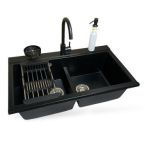 Adamant Набор кухонный Similar, искуственный камень, прямоуг., без крыла, 885x505x230мм, чаша - 2, врезная, антрацит + смеситель + дозатор + ополаскиватель стаканов + коландер