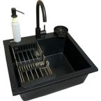 Adamant Набор кухонный Univer, искуственный камень, квадрат, без крыла, 560х500х200мм, чаша - 1, врезная, черный + смеситель + дозатор + ополаскиватель стаканов + коландер