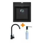 Adamant Набор кухонная Brick, искуственный камень, квадрат, без крыла, 460x515x200мм, чаша - 1, врезная, черный + смеситель и дозатор