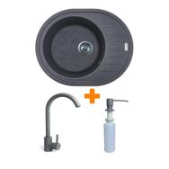 Adamant Набор кухонный Ovum, искуственный камень, овальная, с крылом, 615х495х200мм, чаша - 1, врезная, серый + смеситель и дозатор