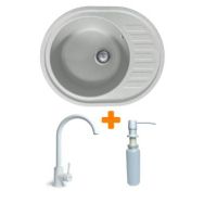 Adamant Набор кухонный Ovum, искуственный камень, овальная, с крылом, 615х495х200мм, чаша - 1, врезная, Old stone + смеситель и дозатор