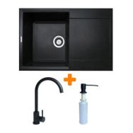 Adamant Набор кухонный Horizon, искуственный камень, прямоуг., с крылом, 780х495х230мм, чаша - 1, врезная, черный + смеситель и дозатор