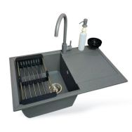 Adamant Набор кухонный Horizon, искуственный камень, прямоуг., с крылом, 780х495х230мм, чаша - 1, врезная, серый + смеситель и дозатор