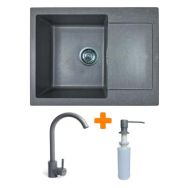 Adamant Набор кухонный Minimal, искуственный камень, прямоуг., с крылом, 615х495х200мм, чаша - 1, врезная, серый + смеситель и дозатор