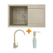 Adamant Набор кухонный Horizon, искуственный камень, прямоуг., с крылом, 780х495х230мм, чаша - 1, врезная, Сахара + смеситель и дозатор