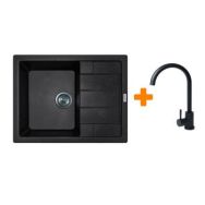 Adamant Набор кухонный Anila, искуственный камень, прямоуг., с крылом, 645х495х200мм, чаша - 1, врезная, черный + смеситель