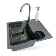 Adamant Набор кухонный Minimal, искуственный камень, прямоуг., с крылом, 615х495х200мм, чаша - 1, врезная, серый + смеситель + дозатор + ополаскиватель стаканов + коландер