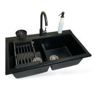 Adamant Набор кухонный Similar, искуственный камень, прямоуг., без крыла, 885x505x230мм, чаша - 2, врезная, черный + смеситель + дозатор + ополаскиватель стаканов + коландер
