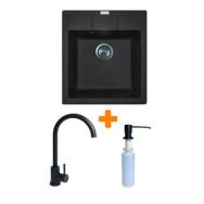 Adamant Набор кухонная Brick, искуственный камень, квадрат, без крыла, 460x515x200мм, чаша - 1, врезная, черный + смеситель и дозатор