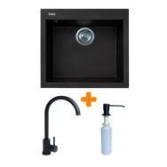 Adamant Набор кухонный Univer, искуственный камень, квадрат, без крыла, 560х500х200мм, чаша - 1, врезная, черный + смеситель и дозатор