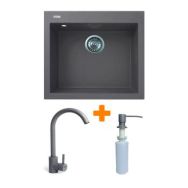 Adamant Набор кухонный Univer, искуственный камень, квадрат, без крыла, 560х500х200мм, чаша - 1, врезная, серый + смеситель и дозатор