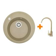 Adamant Набор кухонная Sun, искуственный камень, круглая, без крыла, 510x200мм, чаша - 1, врезная, Сахара + смеситель